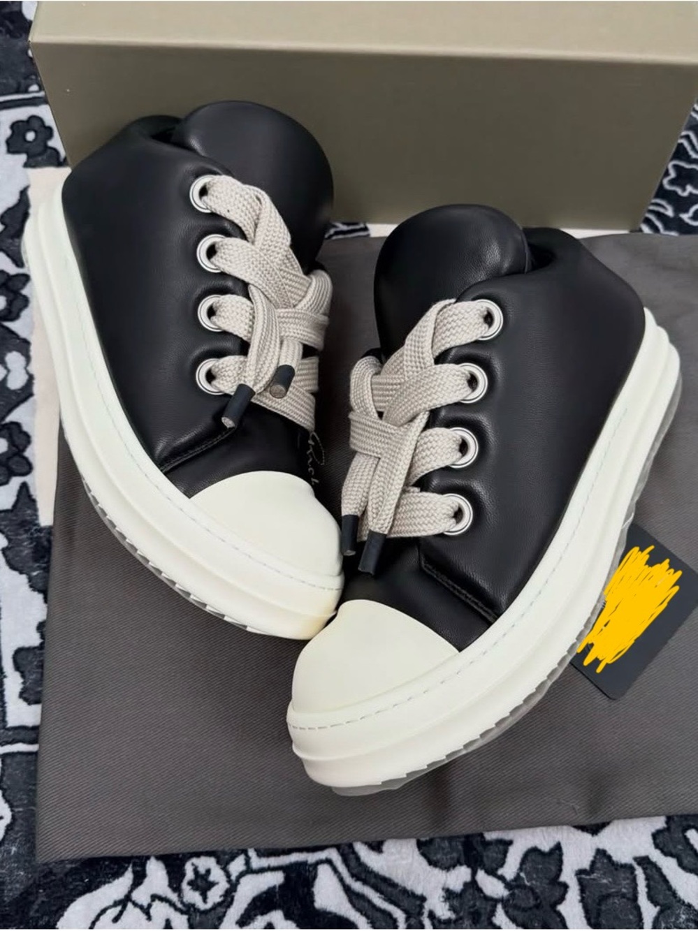 Mens Black Leather Platform Sneakers with Cream Laces